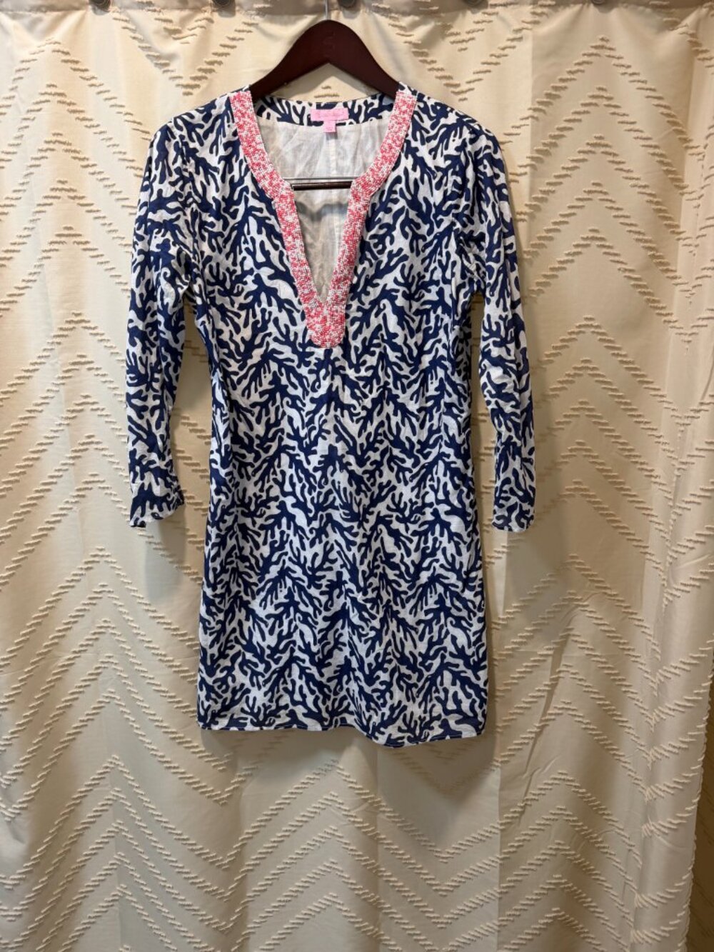 Lilly Pulitzer Cover Up M Beaded Coral Print Cotton Beach Resort Summer - Picture 2 of 12
